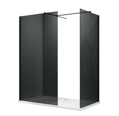 NILE Smoked Glass Walk-In Shower Enclosure 8mm Easy Clean Black Fittings Inc. Shower Panels, Stone Resin Tray + Waste 1500mm x 900mm