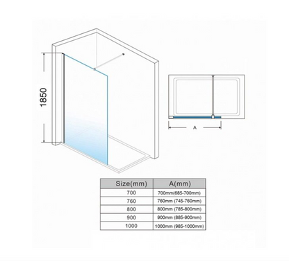 NILE 800mm Walk-In Shower Panel 6mm Tempered Glass Shower Screen