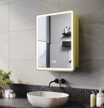 NILE Gold LED Bathroom Mirror Cabinet with Shaver Socket and Demister