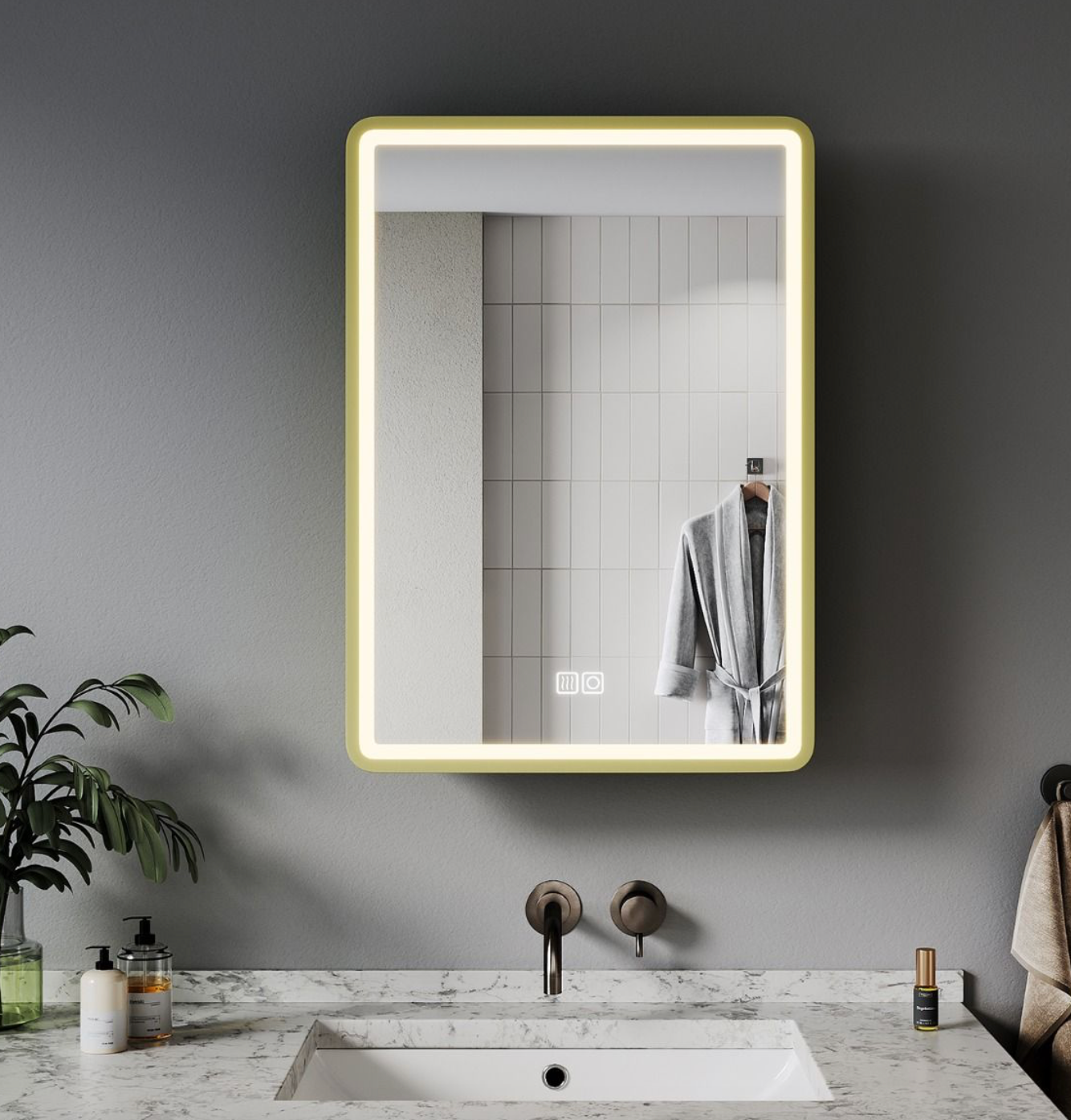 NILE Gold 500x700mm Illuminated Bathroom Mirror Cabinet with Shaver Socket