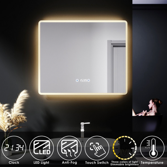 NILE 600mm x 500mm Bathroom LED Illuminated Mirror with Anti-fog Touch Bottom & Time Display