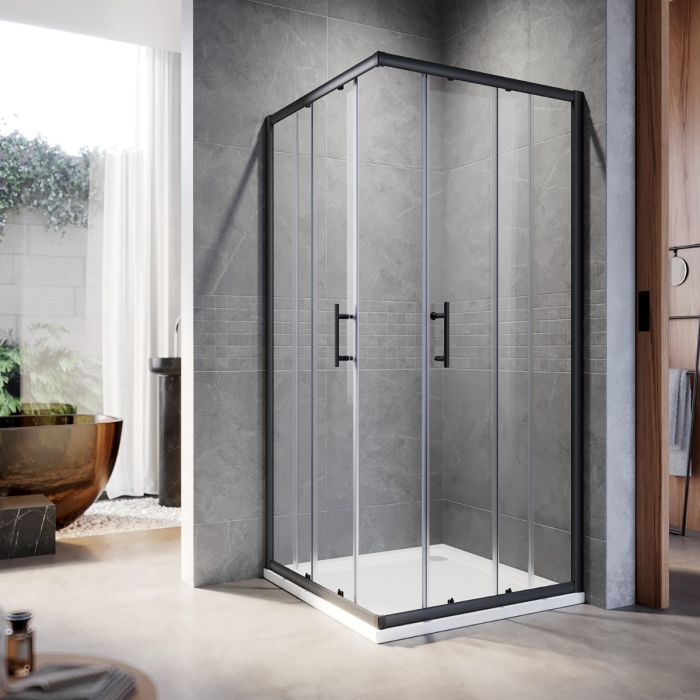 NILE 760 x 800mm Black Framed Sliding Corner Entry Shower Enclosure Shower Cubicle