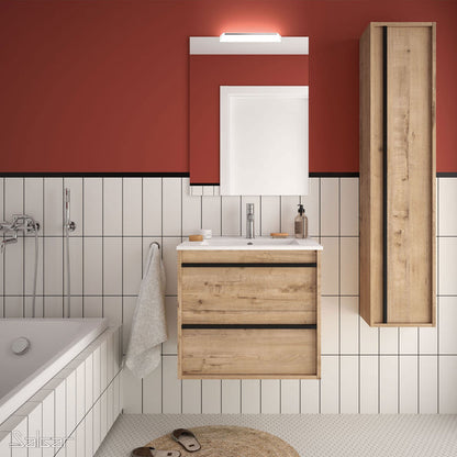 Attila Noir 600mm Wall Hung Basin Unit with Matt Black Handles - Ostippo Oak
