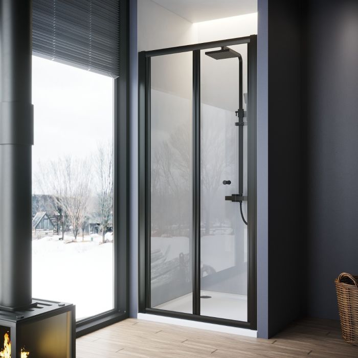 NILE 860mm Black Bi-Fold Shower Door Enclosure Glass Reversible Folding Cubicle