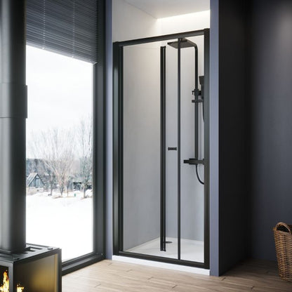 NILE 860mm Black Bi-Fold Shower Door Enclosure Glass Reversible Folding Cubicle