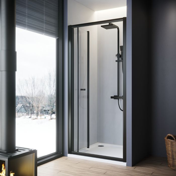 NILE 860mm Black Bi-Fold Shower Door Enclosure Glass Reversible Folding Cubicle