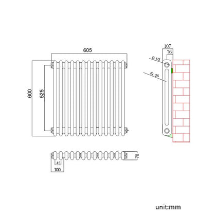 NILE Traditional 600x605 Anthracite Victorian Grey Horizontal Radiator Double Column Radiator