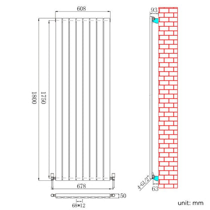 NILE 1800 x 608mm Vertical Column Designer Single Anthracite Flat Panel Radiator