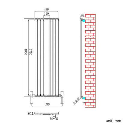 NILE White 1800x500mm Vertical Oval Single Panel Mirror Radiator