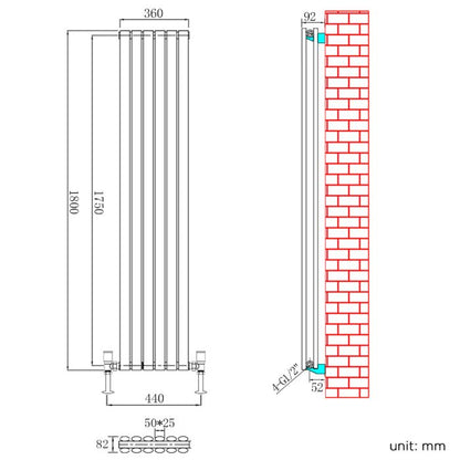 NILE 1800x360 Anthracite Oval Double Panel Slim Designer Radiator Vertical Grey Radiator