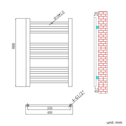 NILE 800x400mm Straight Chrome Heated Towel Rail Radiator Bathroom Central Heating