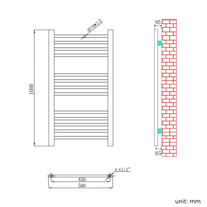 NILE 1000x500mm Straight Chrome Heated Towel Rail Rad Radiator Bathroom Central Heating