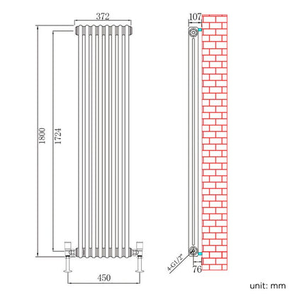 NILE 1800x372mm Vertical White Traditional Cast Iron Style 2 Column Radiator