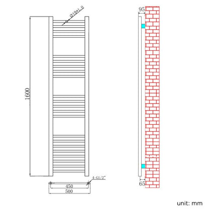 NILE 1600x600mm Straight Chrome Heated Towel Rail Rad Radiator Bathroom Central Heating