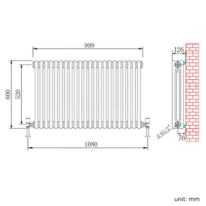 NILE Traditional Radiator Cast Iron Style 3 Column White Horizontal Radiator 600x999mm