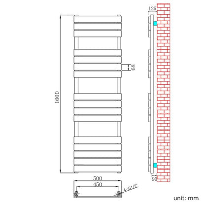 NILE 1600 x 500mm Modern Design Chrome Flat Panel Heated Towel Rails Radiators