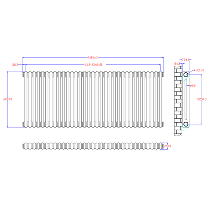 NILE 600x1484mm Horizontal White Traditional Cast Iron Style 2 Column Radiator