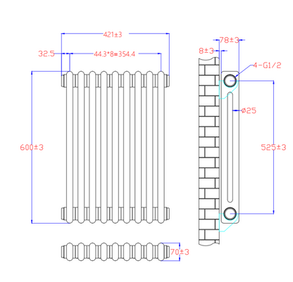 NILE 600x421mm Horizontal White Traditional Cast Iron Style 2 Column Radiator