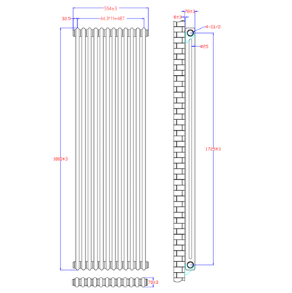 NILE 1800 x 554 mm 2 Column Traditional Radiator Anthracite Double Vertical Cast Iron Radiator Grey