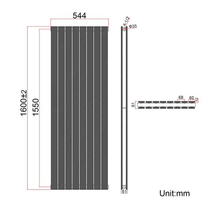 NILE 1600 x 544mm Black Vertical Radiator Tall Upright Double Flat Panel Radiator