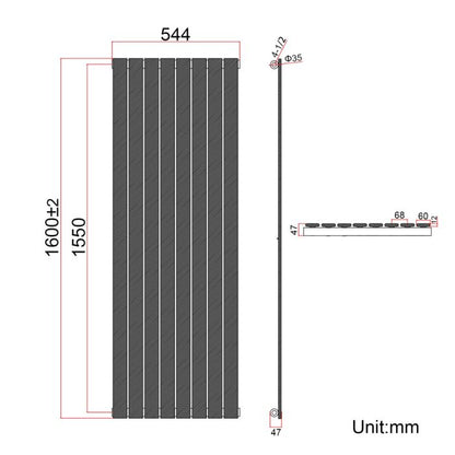 NILE 1600 x 544mm Black Vertical Radiator Tall Upright Single Flat Panel Radiator