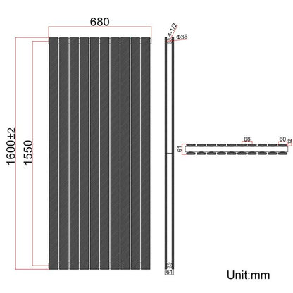 NILE 1600 x 680 mm Black Vertical Radiator Tall Upright Double Flat Panel Radiator