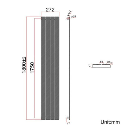 NILE Black Single Panel Radiator 1800 x 272 mm Modern Flat Panel Column Designer Radiator
